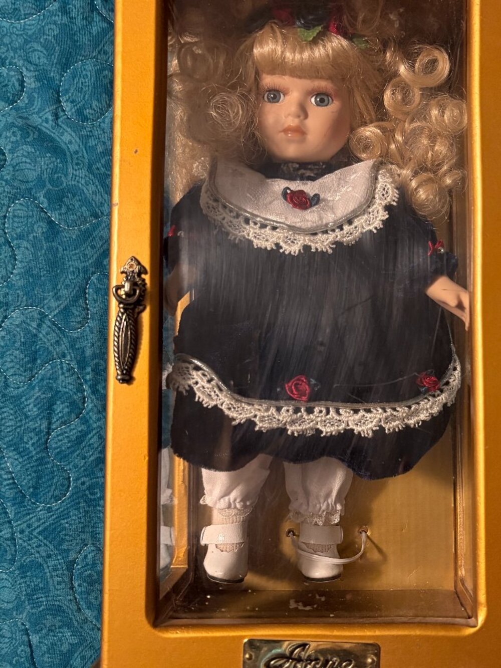 Heritage Signature Collection Blonde Anna Porcelain Doll in Wood Display Cabinet